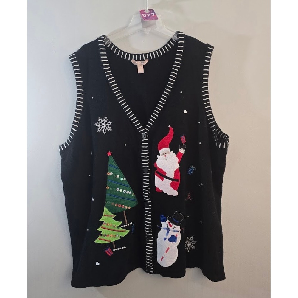 Vintage White Stag Womens Sweater Vest Black Christmas Embroidered Plus Size 4X